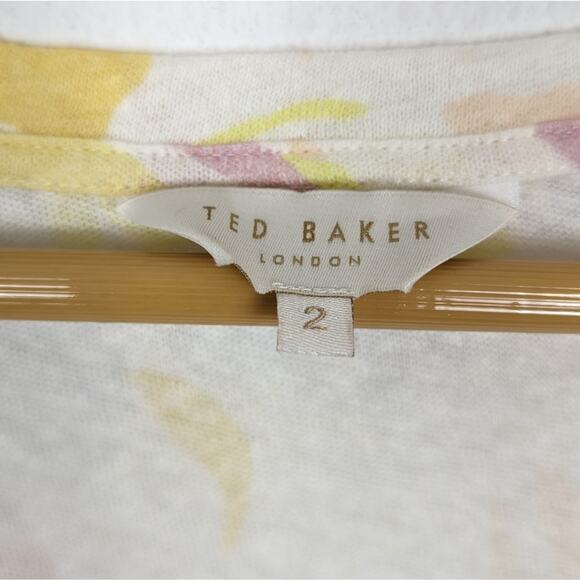 Ted Baker London Pink & Yellow Floral Print Linen Blend V-Neck Tee - Picture 6 of 7